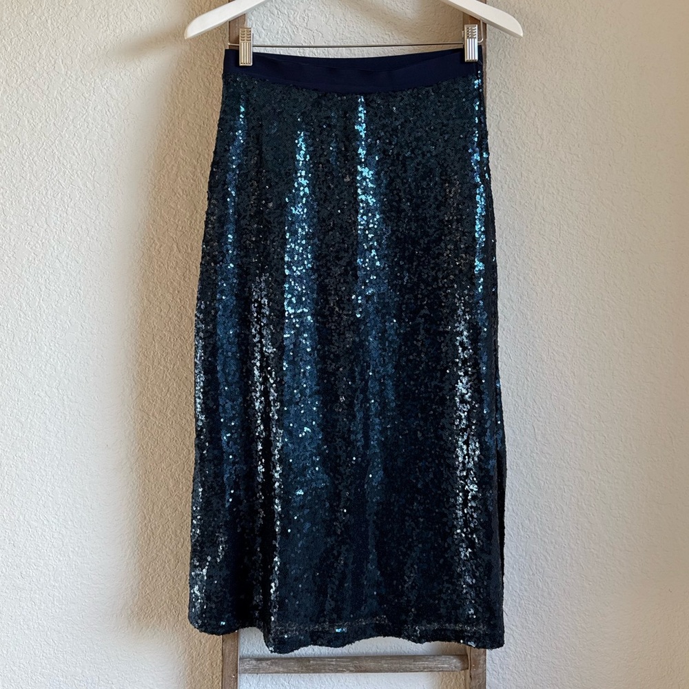 Listicle Navy Blue Sequined Midi A-Line Skirt sz: Small NWOT